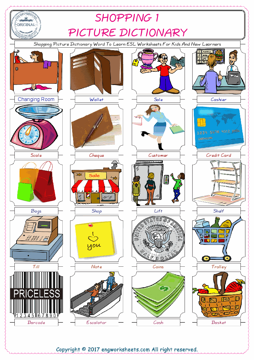  Shopping English Worksheet for Kids ESL Printable Picture Dictionary 